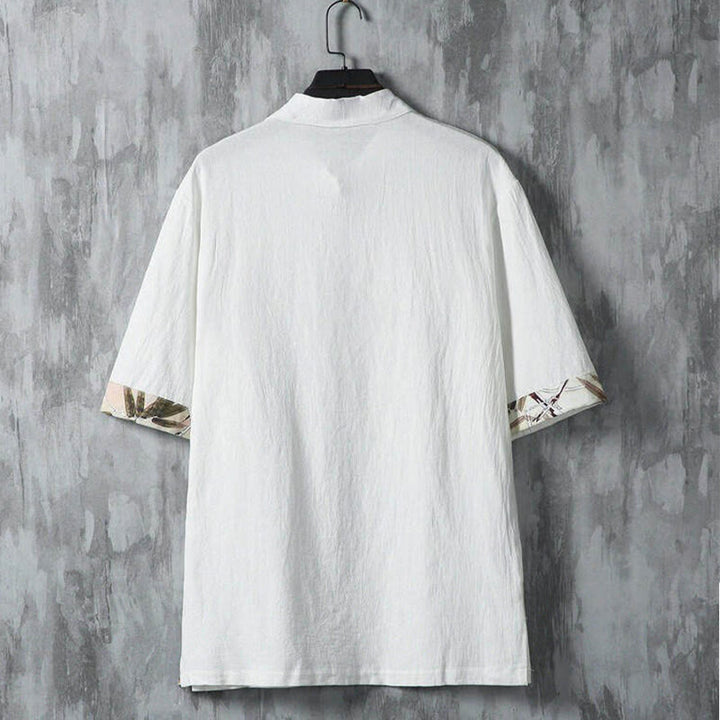 Buddha Stones Camisas de manga corta para hombre estilo Tang, informales, con botones de rana y estampado de bambú, ideales para el verano. - image 3