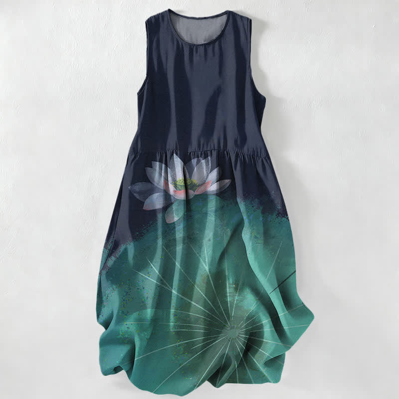Buddha Stones Vestido midi de verano informal para mujer con estampado de estanque de lotos y sin mangas, con bolsillos. - image 0