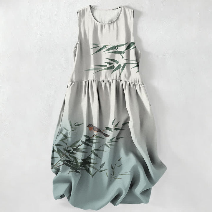 Buddha Stones Vestido midi de verano informal para mujer con estampado de pájaros de bambú y bolsillos. - AliciaAzul - US16，UK/AU20，EU48 (3XL) - image 0