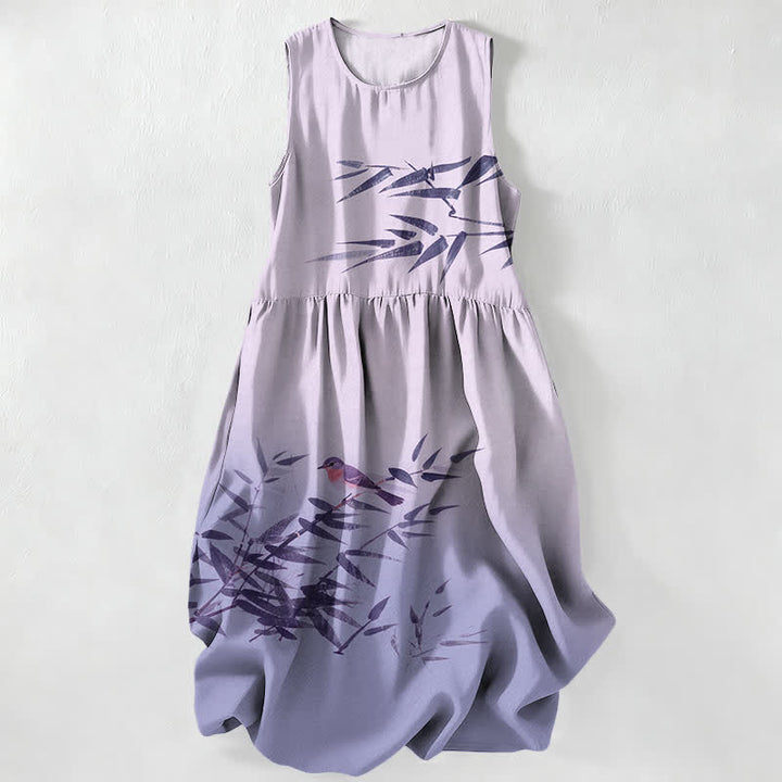 Buddha Stones Vestido midi de verano informal para mujer con estampado de pájaros de bambú y bolsillos. - Lavanda - US16，UK/AU20，EU48 (3XL) - image 4