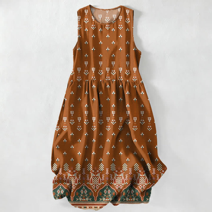 Buddha Stones Vestido midi de verano informal bohemio con estampado geométrico floral y borde para mujer, sin mangas y con bolsillos. - Perú - US16，UK/AU20，EU48 (3XL) - image 0