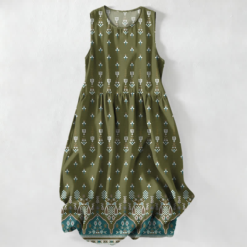 Buddha Stones Vestido midi de verano informal bohemio con estampado geométrico floral y borde para mujer, sin mangas y con bolsillos. - Aceituna - US16，UK/AU20，EU48 (3XL) - image 4
