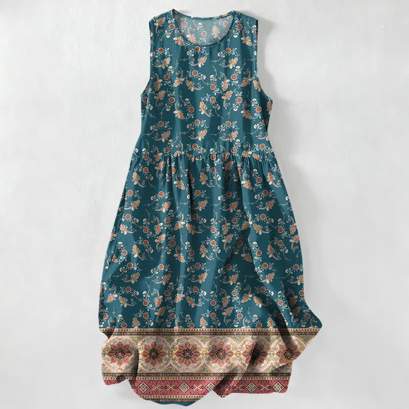 Buddha Stones Vestido midi de verano informal para mujer con estampado floral de enredaderas y bolsillos. - Verde azulado - US16，UK/AU20，EU48 (3XL) - image 0
