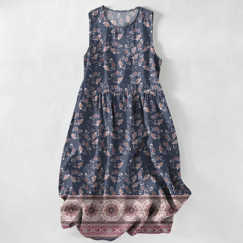Buddha Stones Vestido midi de verano informal para mujer con estampado floral de enredaderas y bolsillos. - Gris pizarra - US16，UK/AU20，EU48 (3XL) - image 4