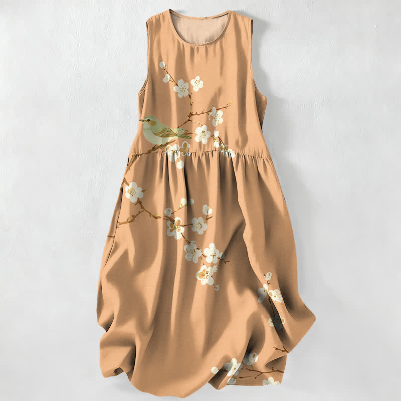 Buddha Stones Vestido midi de verano informal para mujer con estampado de flores, pájaros y ramas, sin mangas y con bolsillos. - Sandy Brown - US16，UK/AU20，EU48 (3XL) - image 4