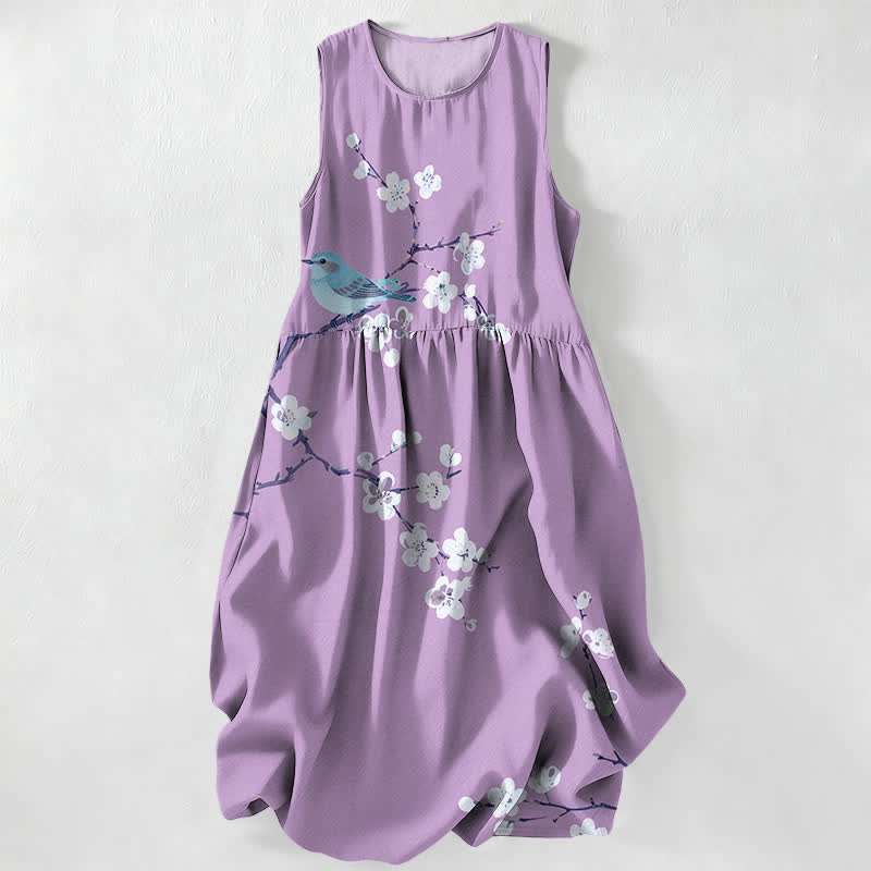 Buddha Stones Vestido midi de verano informal para mujer con estampado de flores, pájaros y ramas, sin mangas y con bolsillos. - Lavanda - US16，UK/AU20，EU48 (3XL) - image 5