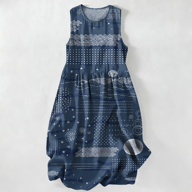 Buddha Stones Vestido midi de verano informal para mujer con estampado geométrico de ondas celestiales y bolsillos. - Marina de guerra - US16，UK/AU20，EU48 (3XL) - image 0