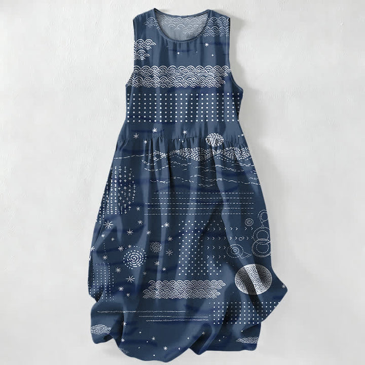 Buddha Stones Vestido midi de verano informal para mujer con estampado geométrico de ondas celestiales y bolsillos. - Marina de guerra - US16，UK/AU20，EU48 (3XL) - image 0