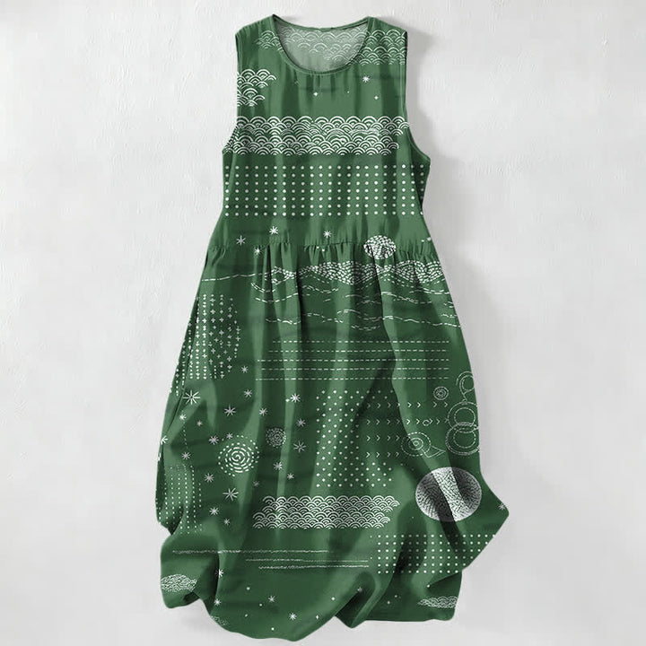 Buddha Stones Vestido midi de verano informal para mujer con estampado geométrico de ondas celestiales y bolsillos. - Verde bosque - US16，UK/AU20，EU48 (3XL) - image 4
