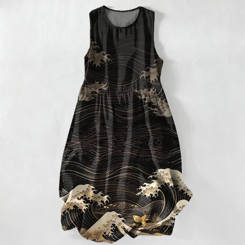 Buddha Stones Vestido midi de verano informal para mujer con estampado de olas marinas estilo Ukiyoe y bolsillos. - Negro - US16，UK/AU20，EU48 (3XL) - image 0