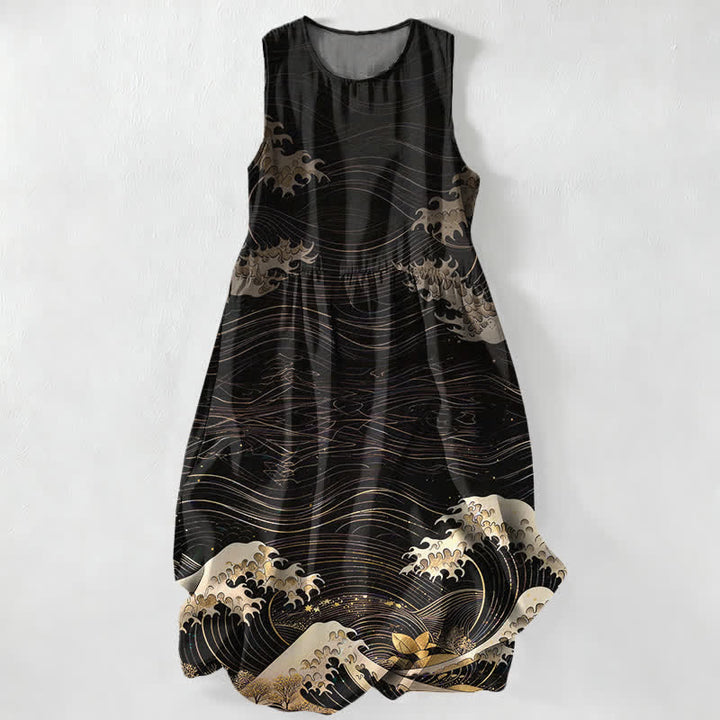 Buddha Stones Vestido midi de verano informal para mujer con estampado de olas marinas estilo Ukiyoe y bolsillos. - Negro - US16，UK/AU20，EU48 (3XL) - image 0