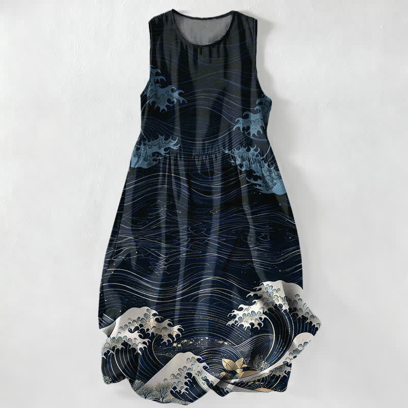 Buddha Stones Vestido midi de verano informal para mujer con estampado de olas marinas estilo Ukiyoe y bolsillos. - Marina de guerra - US16，UK/AU20，EU48 (3XL) - image 4