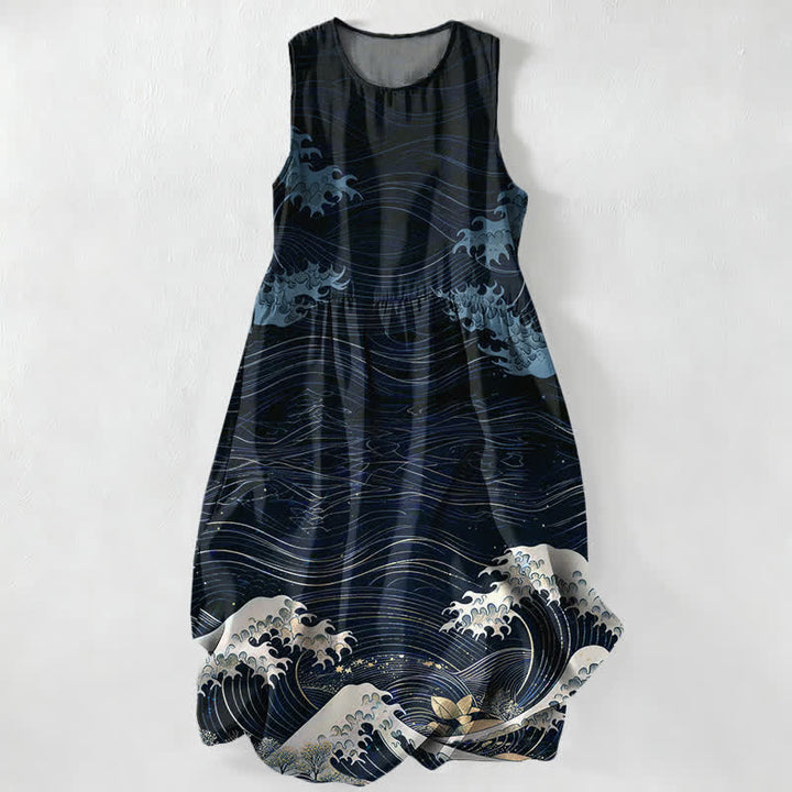 Buddha Stones Vestido midi de verano informal para mujer con estampado de olas marinas estilo Ukiyoe y bolsillos. - Marina de guerra - US16，UK/AU20，EU48 (3XL) - image 4