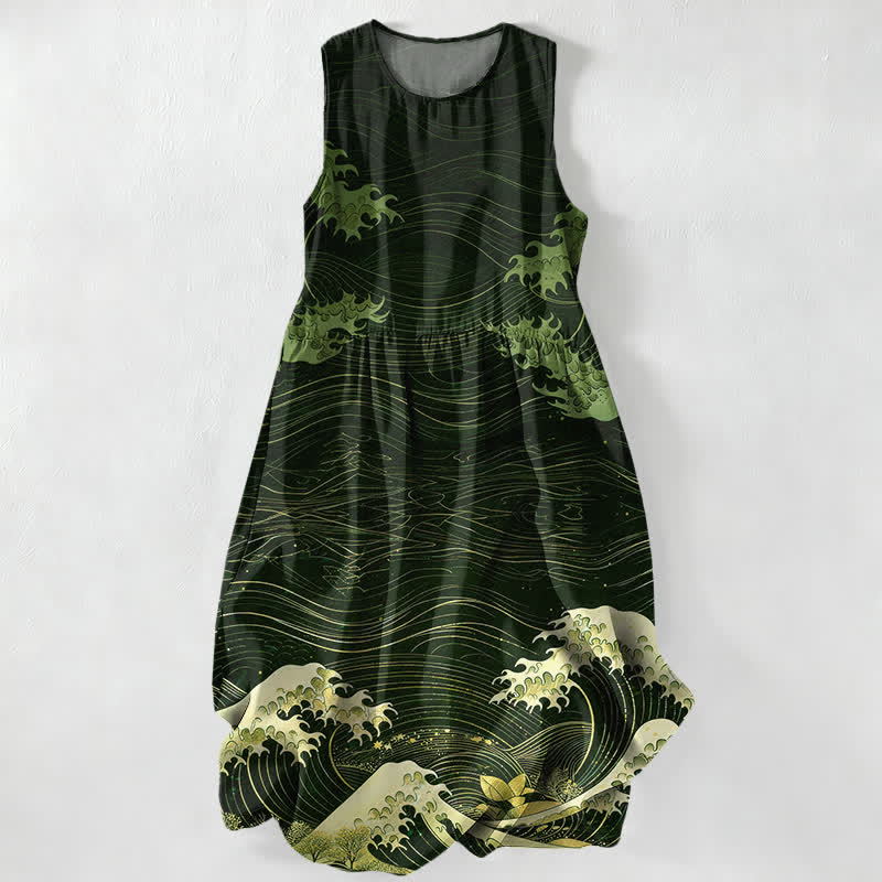 Buddha Stones Vestido midi de verano informal para mujer con estampado de olas marinas estilo Ukiyoe y bolsillos. - Verde oscuro - US16，UK/AU20，EU48 (3XL) - image 5