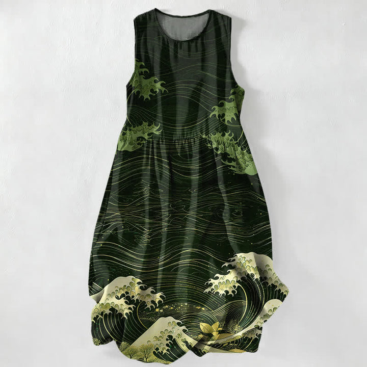 Buddha Stones Vestido midi de verano informal para mujer con estampado de olas marinas estilo Ukiyoe y bolsillos. - Verde oscuro - US16，UK/AU20，EU48 (3XL) - image 5