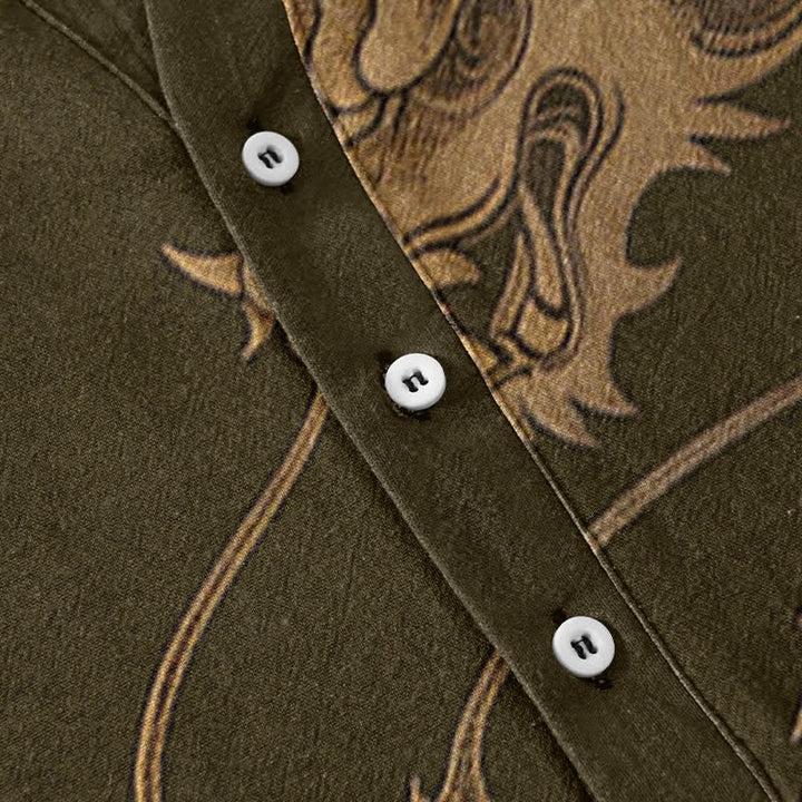 Buddha Stones Camisa de manga corta con medio botón y estampado de dragón dorado de algodón para hombre - image 3