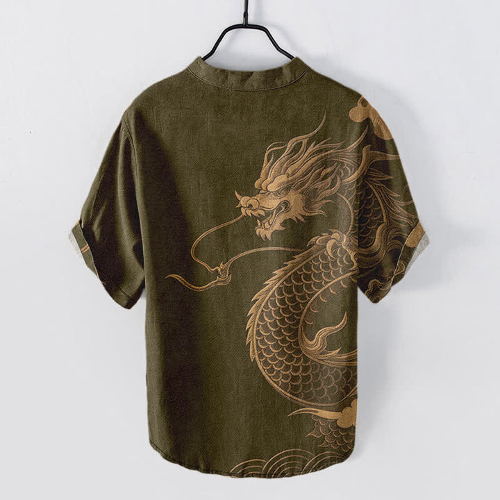 Buddha Stones Camisa de manga corta con medio botón y estampado de dragón dorado de algodón para hombre - image 1