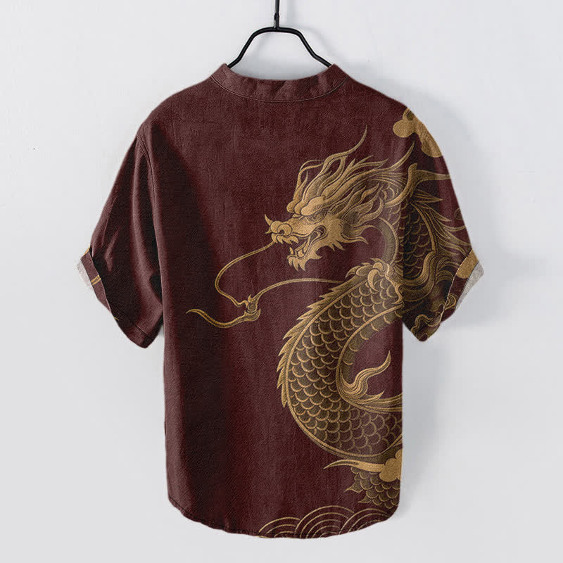 Buddha Stones Camisa de manga corta con medio botón y estampado de dragón dorado de algodón para hombre - image 6