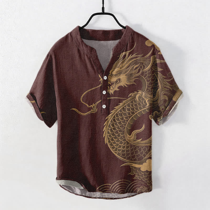 Buddha Stones Camisa de manga corta con medio botón y estampado de dragón dorado de algodón para hombre - Granate - US/UK/AU50, EU60 (5XL) - image 5
