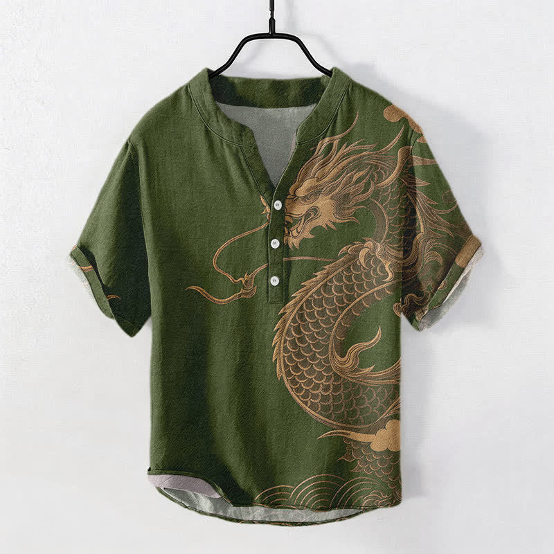 Buddha Stones Camisa de manga corta con medio botón y estampado de dragón dorado de algodón para hombre - Verde oliva oscuro - US/UK/AU50, EU60 (5XL) - image 7