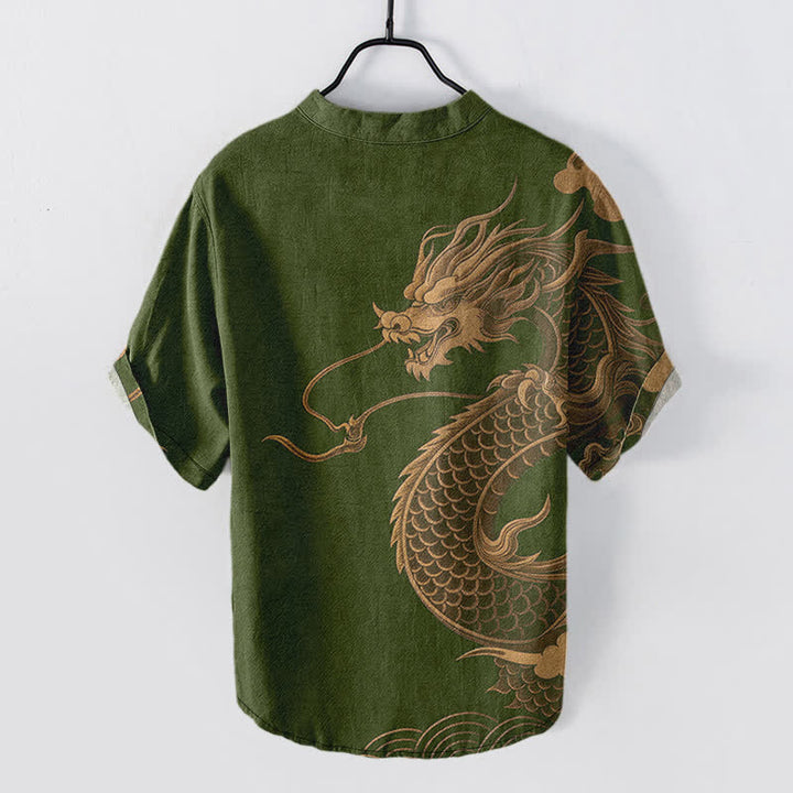 Buddha Stones Camisa de manga corta con medio botón y estampado de dragón dorado de algodón para hombre - image 8