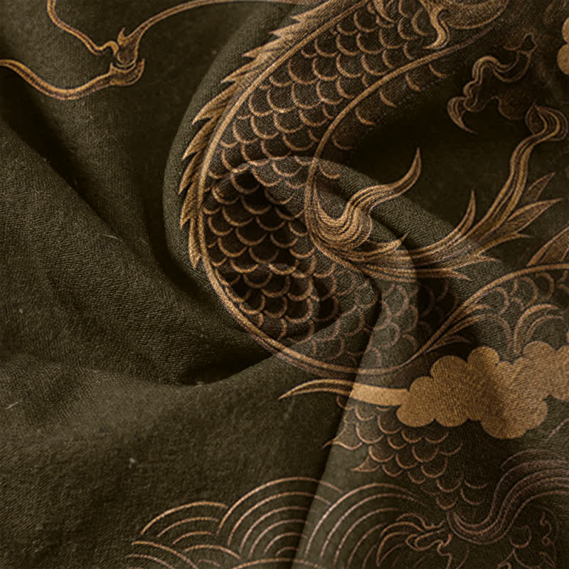 Buddha Stones Camisa de manga corta con medio botón y estampado de dragón dorado de algodón para hombre - image 4