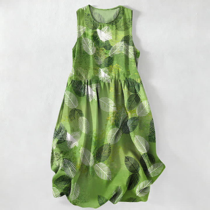 Buddha Stones Vestido midi de verano informal para mujer con estampado de hojas tropicales y sin mangas, con bolsillos. - Verde amarillento - US16，UK/AU20，EU48 (3XL) - image 0