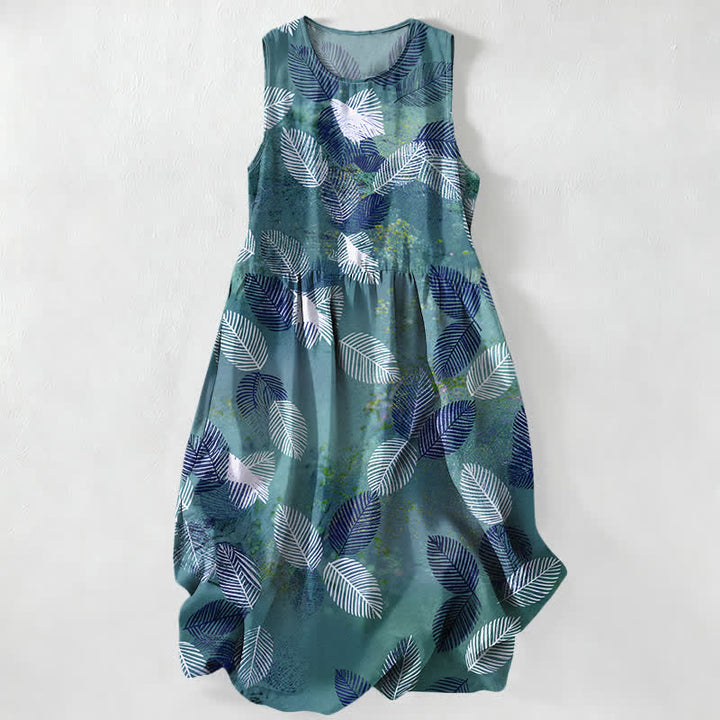 Buddha Stones Vestido midi de verano informal para mujer con estampado de hojas tropicales y sin mangas, con bolsillos. - Verde azulado - US16，UK/AU20，EU48 (3XL) - image 4