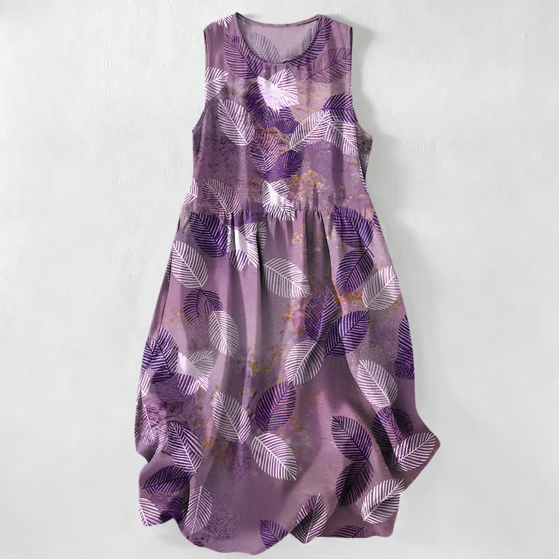 Buddha Stones Vestido midi de verano informal para mujer con estampado de hojas tropicales y sin mangas, con bolsillos. - Ciruela - US16，UK/AU20，EU48 (3XL) - image 5