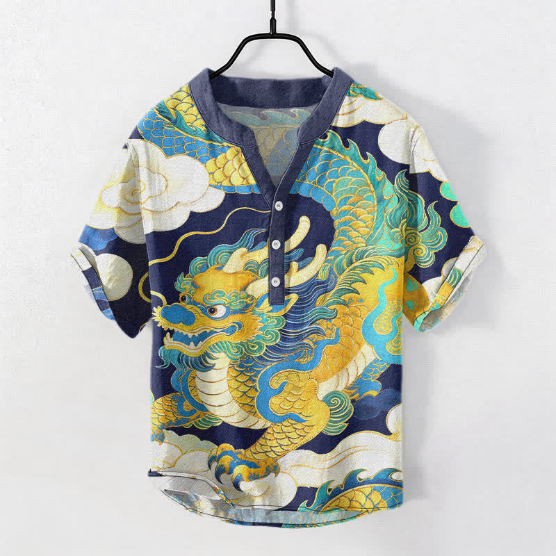 Buddha Stones Camisa de manga corta con medio botón para hombre, de algodón, con estampado de nubes auspiciosas y dragón dorado. - Azul acero - US/UK/AU50, EU60 (5XL) - image 5