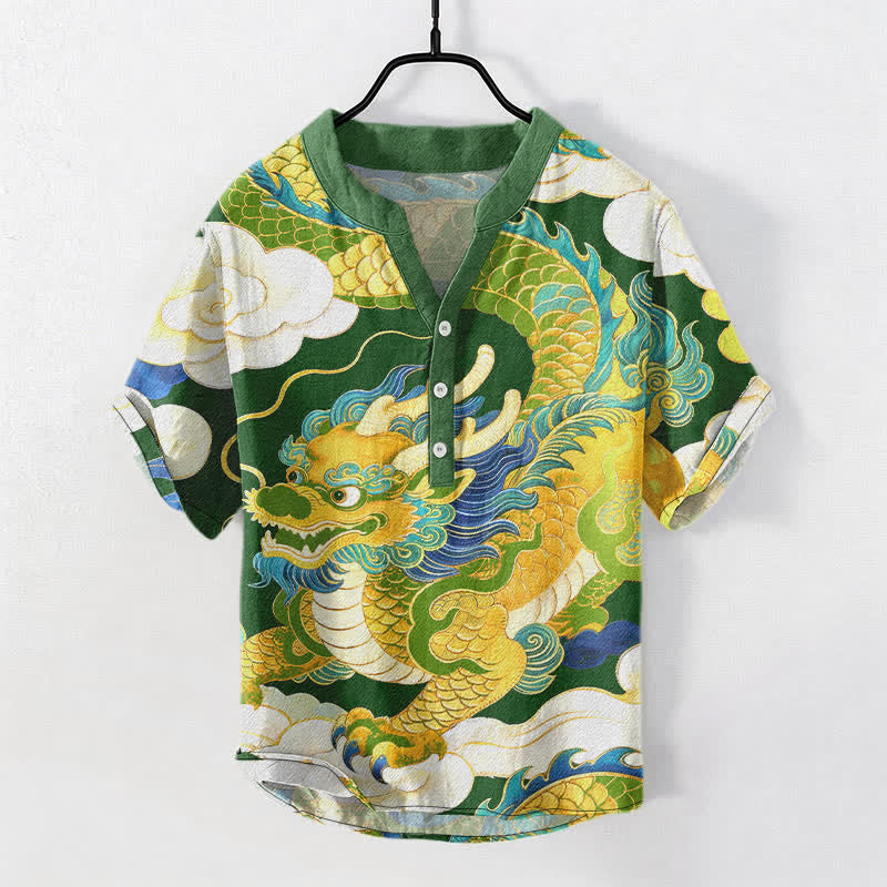 Buddha Stones Camisa de manga corta con medio botón para hombre, de algodón, con estampado de nubes auspiciosas y dragón dorado. - Verde bosque - US/UK/AU50, EU60 (5XL) - image 7