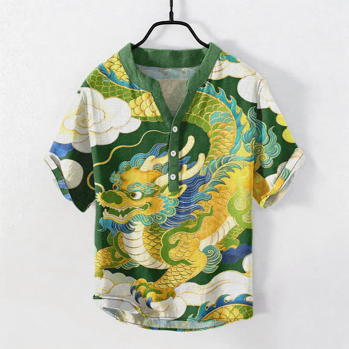 Buddha Stones Camisa de manga corta con medio botón para hombre, de algodón, con estampado de nubes auspiciosas y dragón dorado. - Verde bosque - US/UK/AU50, EU60 (5XL) - image 7