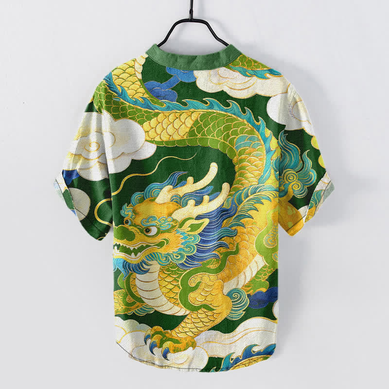 Buddha Stones Camisa de manga corta con medio botón para hombre, de algodón, con estampado de nubes auspiciosas y dragón dorado. - image 8