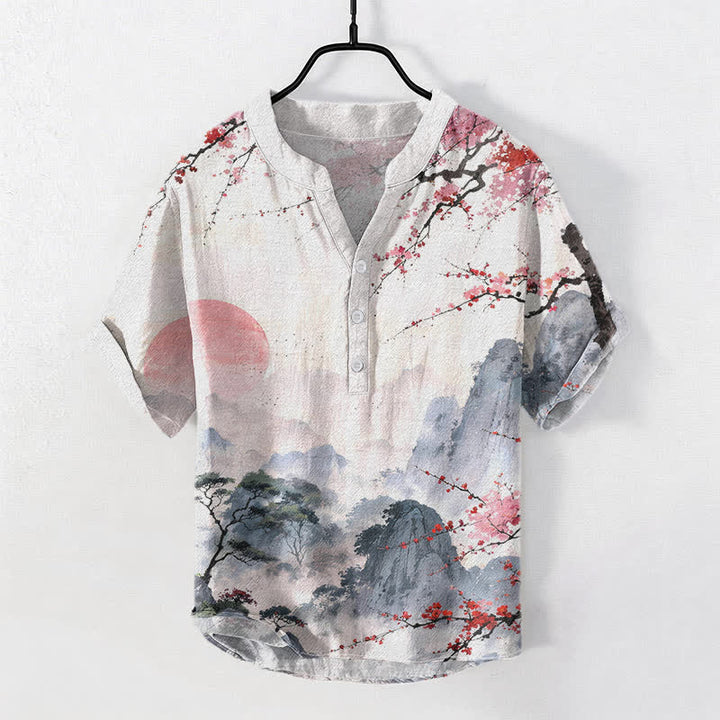 Buddha Stones Camisa de manga corta con medio botón para hombre, estampado de paisaje de flores de ciruelo en tinta de algodón. - Coral claro - US/UK/AU50, EU60 (5XL) - image 0
