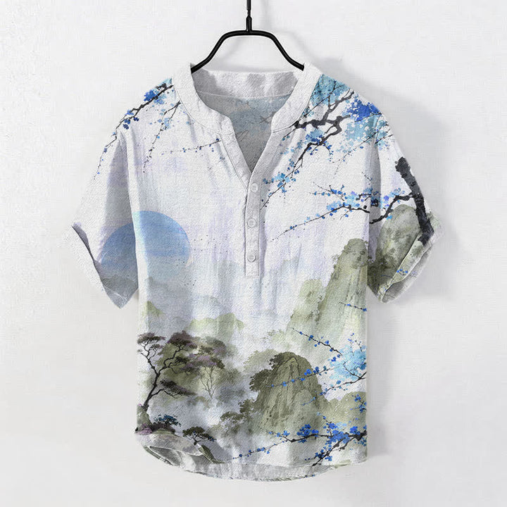 Buddha Stones Camisa de manga corta con medio botón para hombre, estampado de paisaje de flores de ciruelo en tinta de algodón. - Azul claro - US/UK/AU50, EU60 (5XL) - image 3