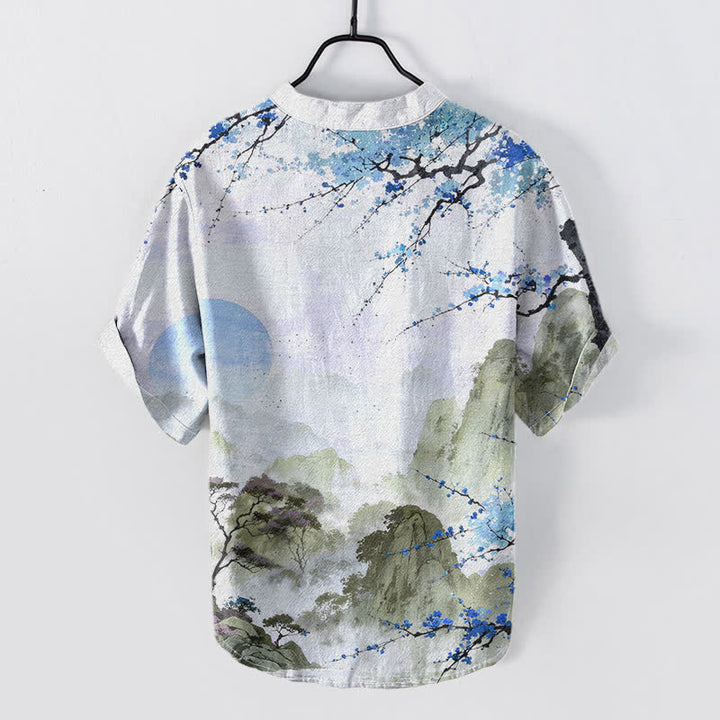 Buddha Stones Camisa de manga corta con medio botón para hombre, estampado de paisaje de flores de ciruelo en tinta de algodón. - image 4