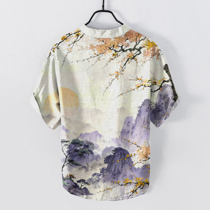 Buddha Stones Camisa de manga corta con medio botón para hombre, estampado de paisaje de flores de ciruelo en tinta de algodón. - image 6