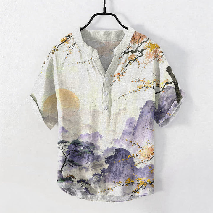 Buddha Stones Camisa de manga corta con medio botón para hombre, estampado de paisaje de flores de ciruelo en tinta de algodón. - Trigo - US/UK/AU50, EU60 (5XL) - image 5