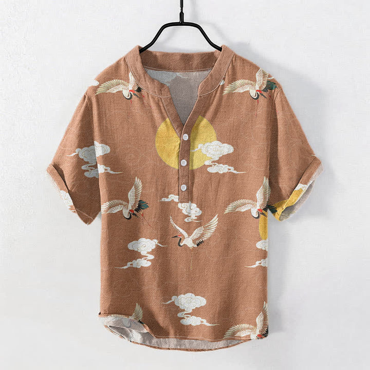 Buddha Stones Camisa de manga corta con medio botón para hombre, de algodón, con estampado de grulla, nube y sol. - Sandy Brown - US/UK/AU50, EU60 (5XL) - image 3
