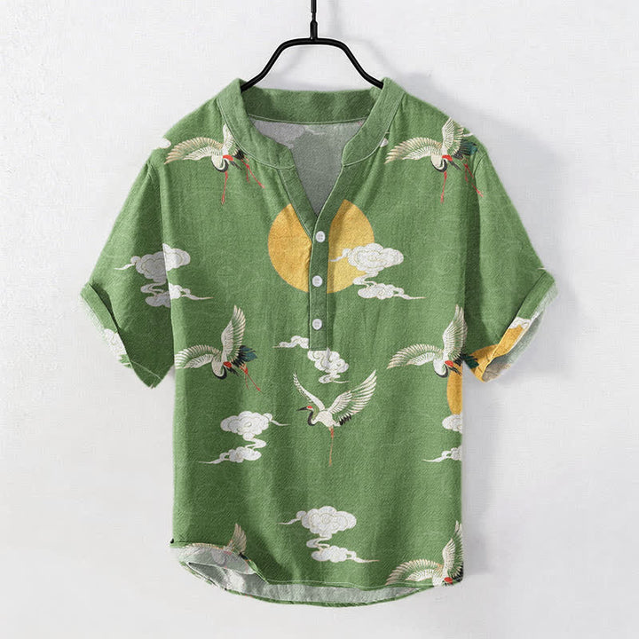 Buddha Stones Camisa de manga corta con medio botón para hombre, de algodón, con estampado de grulla, nube y sol. - Verde mar medio - US/UK/AU50, EU60 (5XL) - image 5