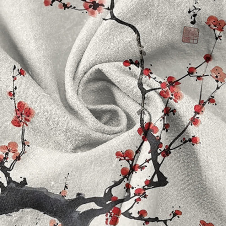 Buddha Stones Camisa de manga corta con medio botón para hombre, de algodón, con estampado de ramas de flores de ciruelo y caligrafía. - image 2