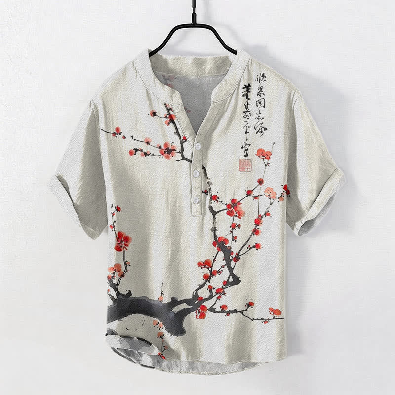 Buddha Stones Camisa de manga corta con medio botón para hombre, de algodón, con estampado de ramas de flores de ciruelo y caligrafía. - Coral claro - US/UK/AU50, EU60 (5XL) - image 0