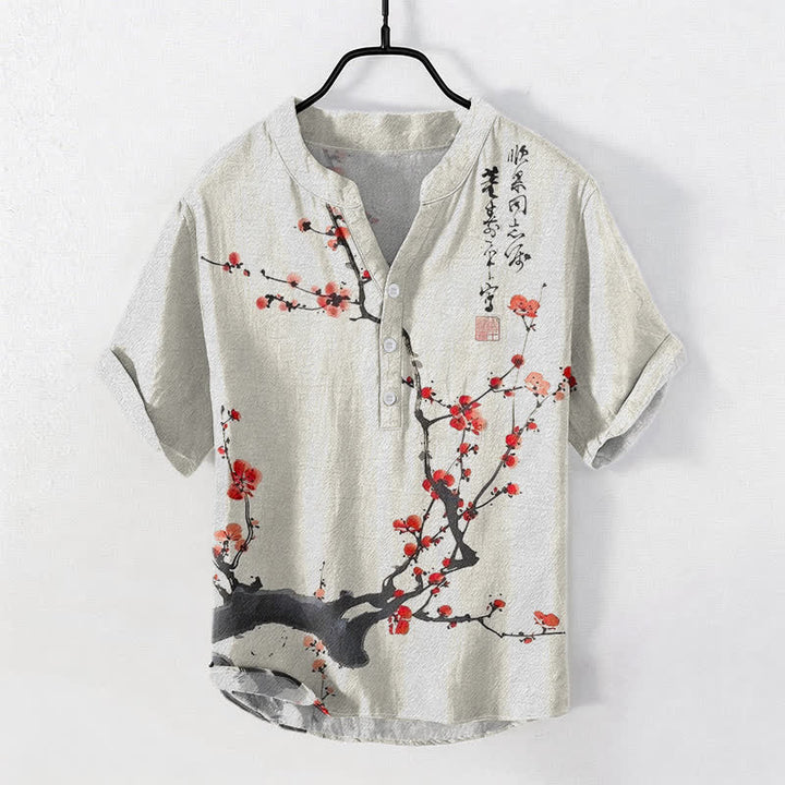 Buddha Stones Camisa de manga corta con medio botón para hombre, de algodón, con estampado de ramas de flores de ciruelo y caligrafía. - Coral claro - US/UK/AU50, EU60 (5XL) - image 0