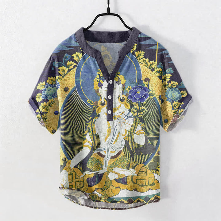 Buddha Stones Camisa de manga corta con medio botón para hombre, de algodón, con estampado floral de Buda radiante. - Azul aciano - US/UK/AU50, EU60 (5XL) - image 5
