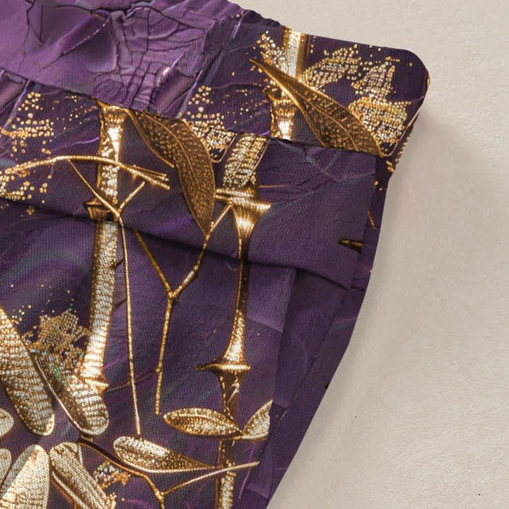 Buddha Stones Pantalones de mujer de algodón y lino con estampado de bambú dorado, cintura elástica y pernera ancha con bolsillos. - image 3