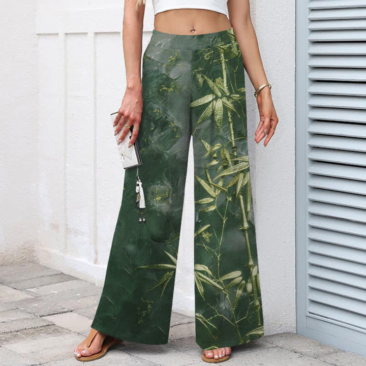 Buddha Stones Pantalones de mujer de algodón y lino con estampado de bambú dorado, cintura elástica y pernera ancha con bolsillos. - image 8
