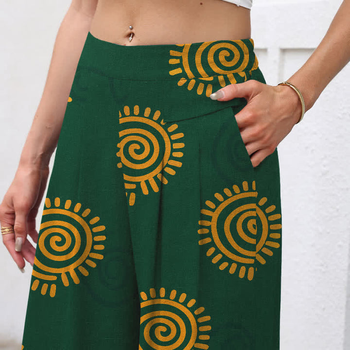 Buddha Stones Pantalones de mujer de algodón y lino con estampado de espiral solar, cintura elástica y pernera ancha con bolsillos. - image 2