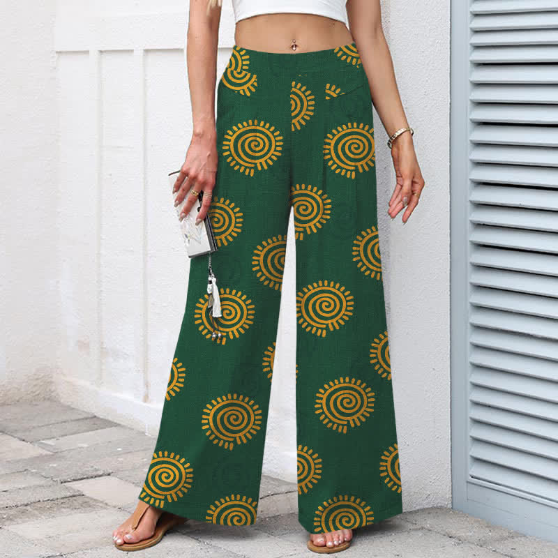 Buddha Stones Pantalones de mujer de algodón y lino con estampado de espiral solar, cintura elástica y pernera ancha con bolsillos. - image 1