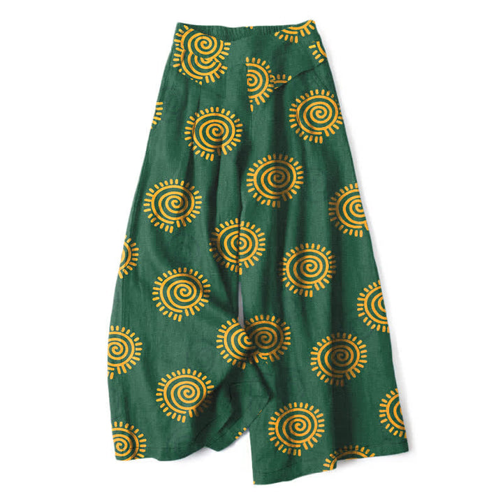 Buddha Stones Pantalones de mujer de algodón y lino con estampado de espiral solar, cintura elástica y pernera ancha con bolsillos. - Verde bosque - US16，UK/AU20，EU48 (3XL) - image 0