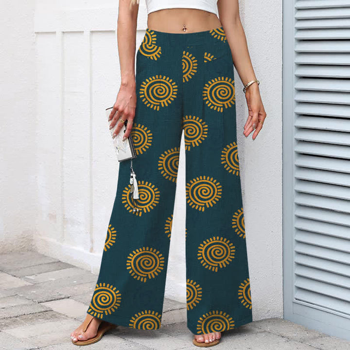 Buddha Stones Pantalones de mujer de algodón y lino con estampado de espiral solar, cintura elástica y pernera ancha con bolsillos. - image 6